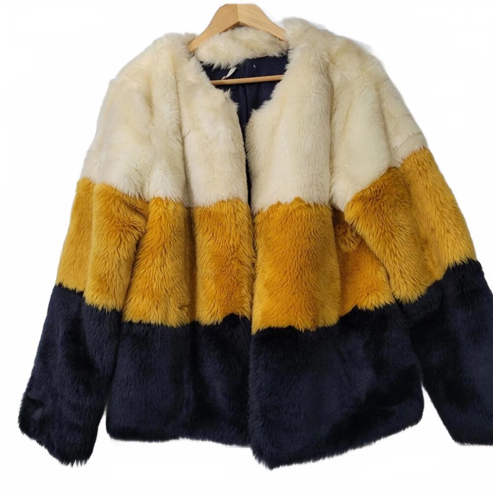 Soprano Ladies Black Gold Cream Color Faux Fur Block Statement Winter Jacket Med